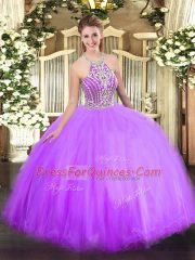 Lilac Halter Top Lace Up Beading Quinceanera Gowns Sleeveless