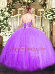 Lilac Halter Top Lace Up Beading Quinceanera Gowns Sleeveless