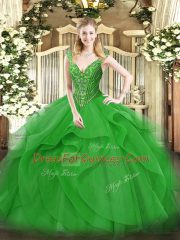 Classical Floor Length Green Quinceanera Gown Tulle Sleeveless Beading and Ruffles