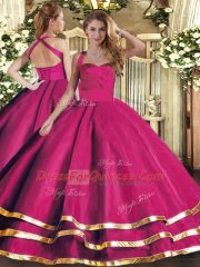 Hot Pink Lace Up 15th Birthday Dress Ruffled Layers Sleeveless Floor Length