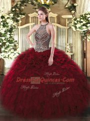 Wine Red Vestidos de Quinceanera Sweet 16 and Quinceanera with Beading and Ruffles Halter Top Sleeveless Lace Up