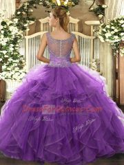 Ball Gowns Quinceanera Gown Eggplant Purple Scoop Tulle Sleeveless Floor Length Clasp Handle