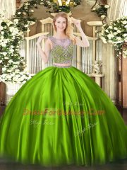Sleeveless Floor Length Beading Lace Up Quince Ball Gowns with