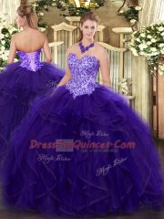 Dazzling Sleeveless Floor Length Appliques and Ruffles Lace Up 15th Birthday Dress with Purple