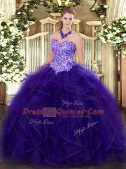 Dazzling Sleeveless Floor Length Appliques and Ruffles Lace Up 15th Birthday Dress with Purple
