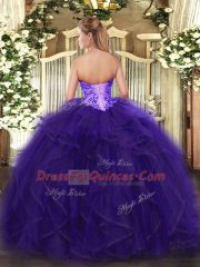 Dazzling Sleeveless Floor Length Appliques and Ruffles Lace Up 15th Birthday Dress with Purple