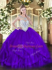 Comfortable Floor Length Purple 15 Quinceanera Dress Scoop Sleeveless Zipper