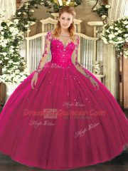 Beauteous Floor Length Hot Pink Quinceanera Dresses Tulle Long Sleeves Lace