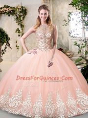 Extravagant Peach Vestidos de Quinceanera Prom and Party and Military Ball and Sweet 16 and Quinceanera with Beading and Appliques Scoop Sleeveless Backless