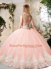 Extravagant Peach Vestidos de Quinceanera Prom and Party and Military Ball and Sweet 16 and Quinceanera with Beading and Appliques Scoop Sleeveless Backless