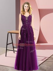 Inexpensive Dark Purple Prom Dress Prom and Party with Beading and Appliques Square Sleeveless Backless