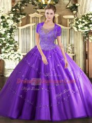 Stylish Lavender Ball Gowns Scoop Sleeveless Tulle Floor Length Clasp Handle Beading and Appliques Sweet 16 Dresses
