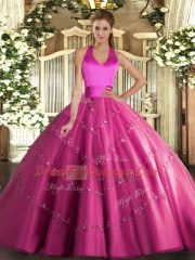 Floor Length Hot Pink Sweet 16 Dress Tulle Sleeveless Appliques