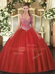 Traditional Tulle V-neck Sleeveless Lace Up Beading Quinceanera Gowns in Coral Red