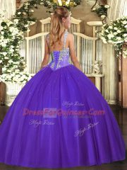 Traditional Tulle V-neck Sleeveless Lace Up Beading Quinceanera Gowns in Coral Red