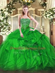Attractive Green Organza Lace Up Strapless Sleeveless Floor Length Quince Ball Gowns Beading and Ruffles
