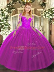 High End Tulle Long Sleeves Floor Length Vestidos de Quinceanera and Lace