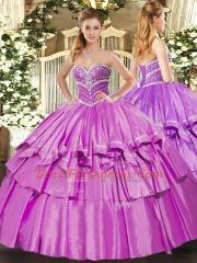 Pretty Lilac Organza and Taffeta Lace Up Sweetheart Sleeveless Floor Length Vestidos de Quinceanera Beading and Ruffled Layers