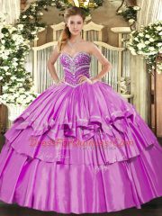 Pretty Lilac Organza and Taffeta Lace Up Sweetheart Sleeveless Floor Length Vestidos de Quinceanera Beading and Ruffled Layers