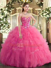 Noble Hot Pink Ball Gowns Sweetheart Sleeveless Tulle Lace Up Embroidery and Ruffles Sweet 16 Dress