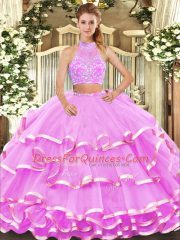 Halter Top Sleeveless Sweet 16 Dresses Floor Length Beading and Ruffled Layers Lilac Tulle