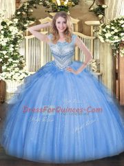 Eye-catching Blue Scoop Neckline Beading Sweet 16 Quinceanera Dress Sleeveless Lace Up