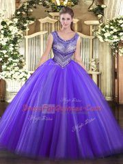 Fine Eggplant Purple Scoop Neckline Beading 15th Birthday Dress Sleeveless Lace Up