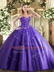 Purple Ball Gowns Tulle Sweetheart Sleeveless Appliques and Embroidery Floor Length Lace Up 15th Birthday Dress
