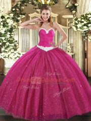 Nice Hot Pink Ball Gowns Tulle Sweetheart Sleeveless Appliques Floor Length Lace Up Quinceanera Dresses