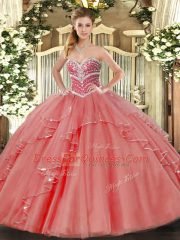Coral Red Sleeveless Tulle Lace Up 15th Birthday Dress for Military Ball and Sweet 16 and Quinceanera