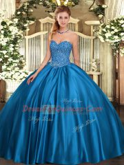 Fitting Beading Quince Ball Gowns Blue Lace Up Sleeveless Floor Length