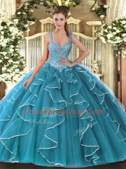 Teal Ball Gowns Tulle V-neck Sleeveless Beading Floor Length Lace Up Quinceanera Gowns