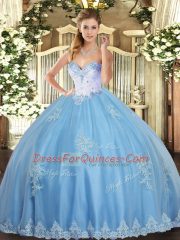 Adorable Aqua Blue Sleeveless Tulle Lace Up Quinceanera Gown for Military Ball and Sweet 16 and Quinceanera