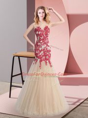Beauteous Champagne Tulle Zipper Scoop Sleeveless Floor Length Prom Party Dress Appliques