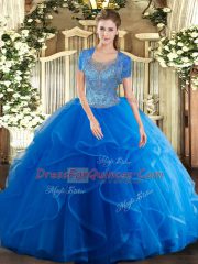 Hot Selling Royal Blue Tulle Clasp Handle Quinceanera Gown Sleeveless Floor Length Beading and Ruffles