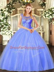 Amazing Blue Sleeveless Floor Length Beading Lace Up Ball Gown Prom Dress