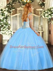 Amazing Blue Sleeveless Floor Length Beading Lace Up Ball Gown Prom Dress