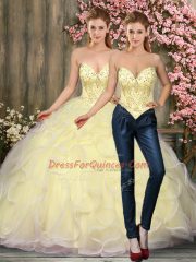 Sleeveless Floor Length Beading and Ruffles Lace Up Quinceanera Gowns with Light Yellow