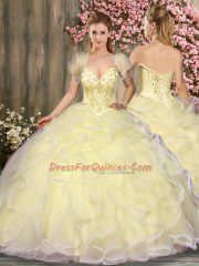 Sleeveless Floor Length Beading and Ruffles Lace Up Quinceanera Gowns with Light Yellow