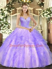 Pretty Lavender Sleeveless Beading and Ruffles Floor Length Quinceanera Gowns