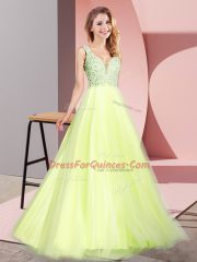 Fabulous V-neck Sleeveless Tulle Prom Dresses Lace Zipper
