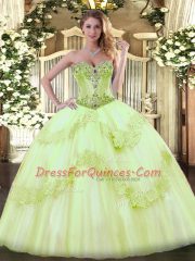 Beauteous Yellow Green Sleeveless Tulle Lace Up Vestidos de Quinceanera for Sweet 16 and Quinceanera