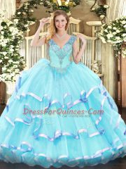 Hot Selling V-neck Sleeveless Quince Ball Gowns Floor Length Ruffled Layers Aqua Blue Organza
