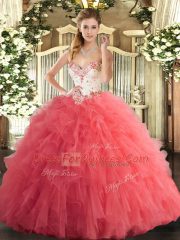 Decent Watermelon Red Tulle Lace Up Sweetheart Sleeveless Floor Length Sweet 16 Dresses Beading and Ruffles