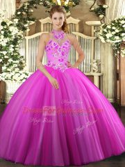 Fuchsia Halter Top Lace Up Embroidery Sweet 16 Dress Sleeveless