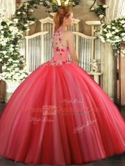 Fuchsia Halter Top Lace Up Embroidery Sweet 16 Dress Sleeveless