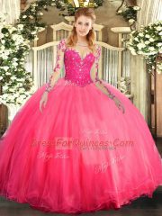 Coral Red Lace Up Sweet 16 Dress Lace Long Sleeves Floor Length