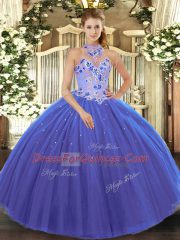 Halter Top Sleeveless Ball Gown Prom Dress Floor Length Embroidery Blue Tulle