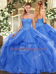 Decent Blue Tulle Lace Up Ball Gown Prom Dress Sleeveless Floor Length Beading and Ruffles