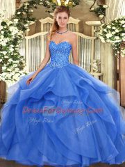 Decent Blue Tulle Lace Up Ball Gown Prom Dress Sleeveless Floor Length Beading and Ruffles